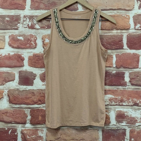 Ann Taylor Tank Top Women's Tan Pink Raw Edge Jeweled Neck Sleeveless Shirt - Picture 7 of 9